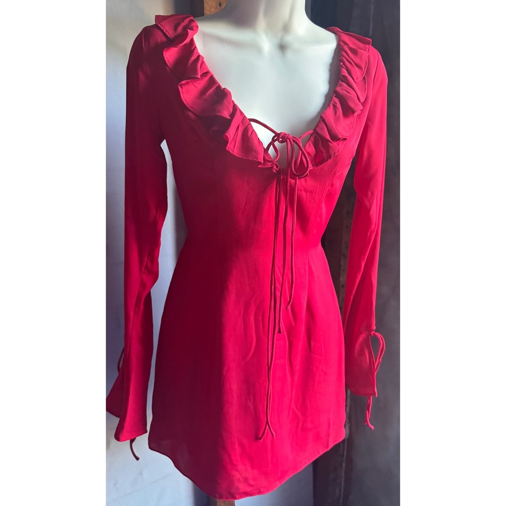 Wild Fable Red Ruffle Tie Front Long Sleeve Mini Dress XXS NWT